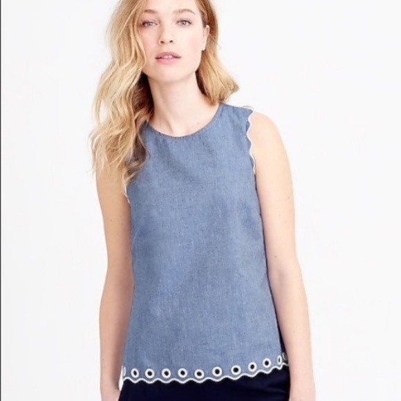 J. CREW Top Sleeveless Scallop Bohemian Summer Grommet Denim Blue Size 2 - Picture 2 of 16